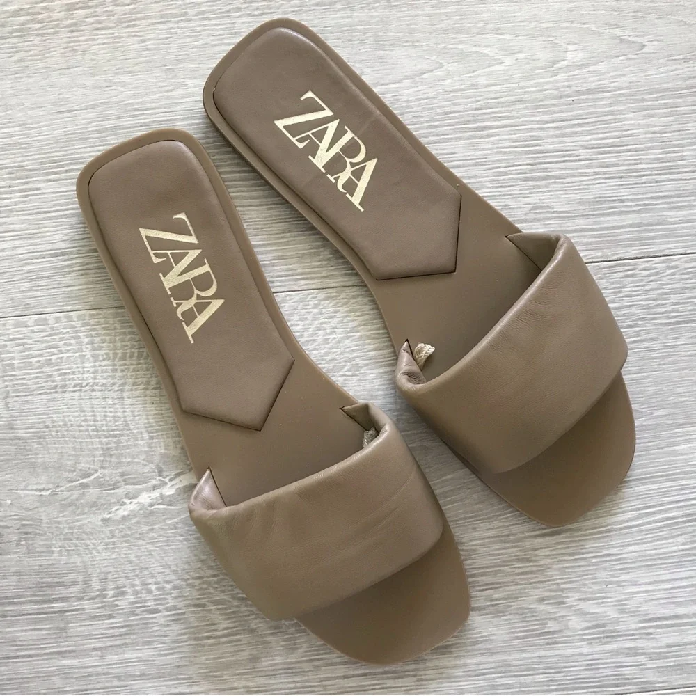 Zara Flat Padded Leather Sandals - Picture 2 of 5
